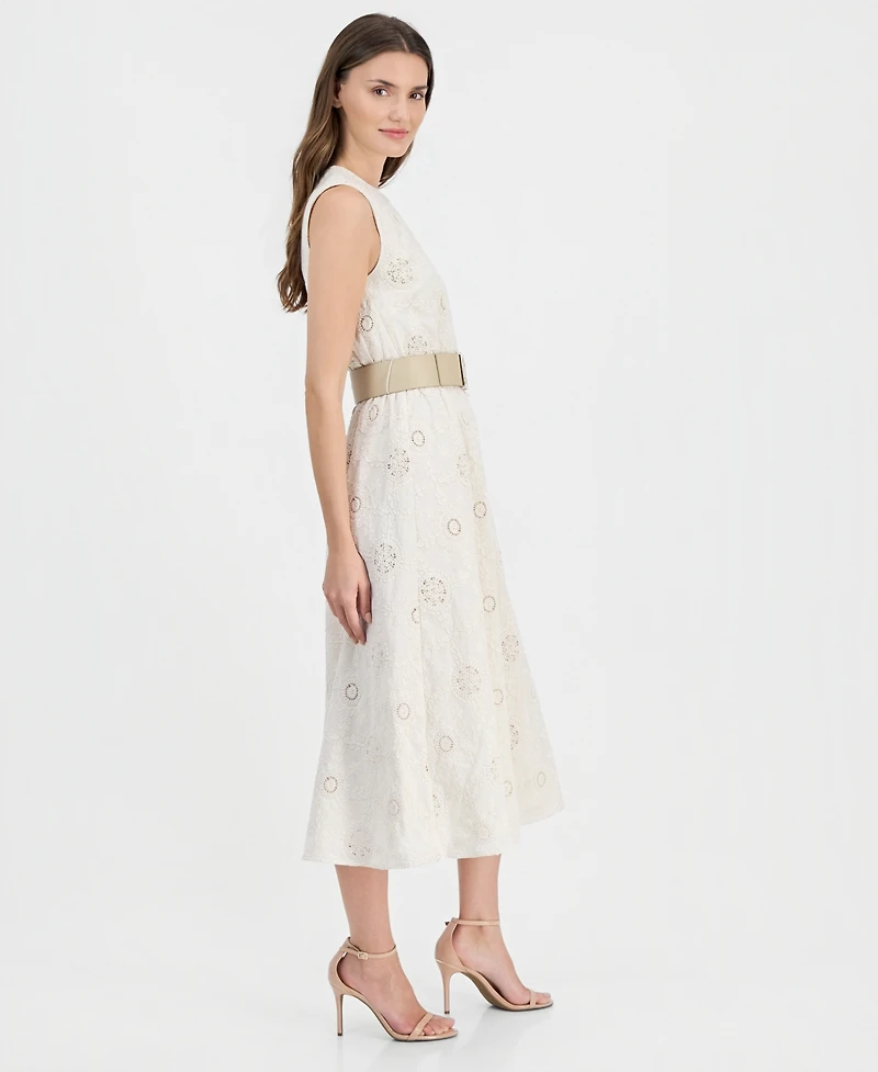 Anne Klein Women's Round-Neck Embroidered Belted Cotton Dress