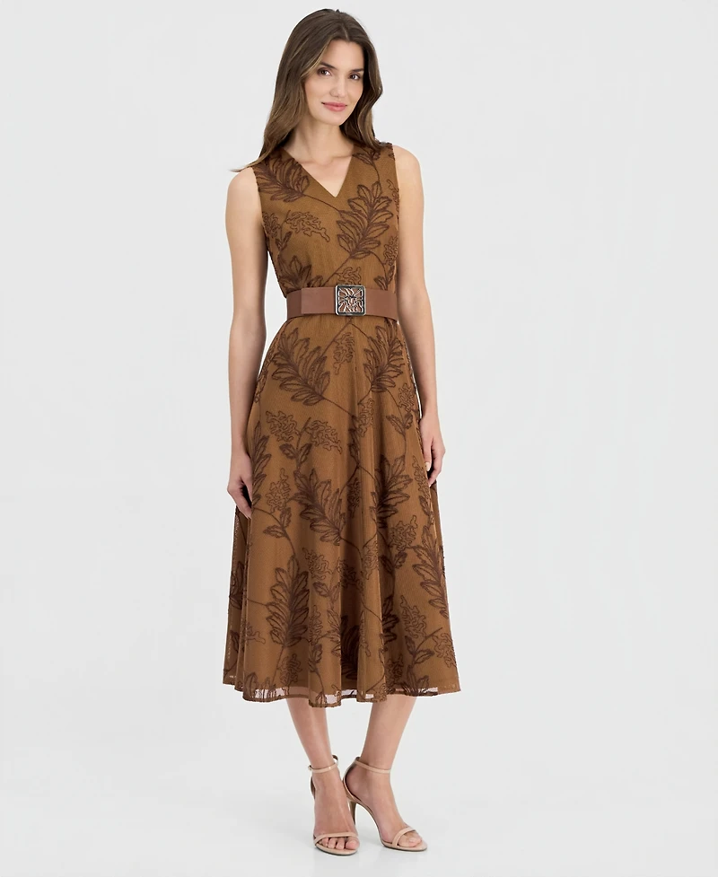 Anne Klein Women's V-Neck Embroidered Belted Midi Dress