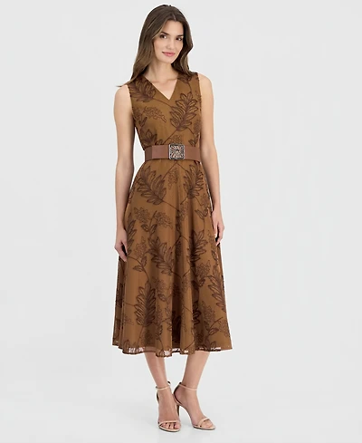 Anne Klein Women's V-Neck Embroidered Belted Midi Dress