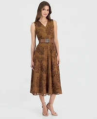 Anne Klein Women's V-Neck Embroidered Belted Midi Dress