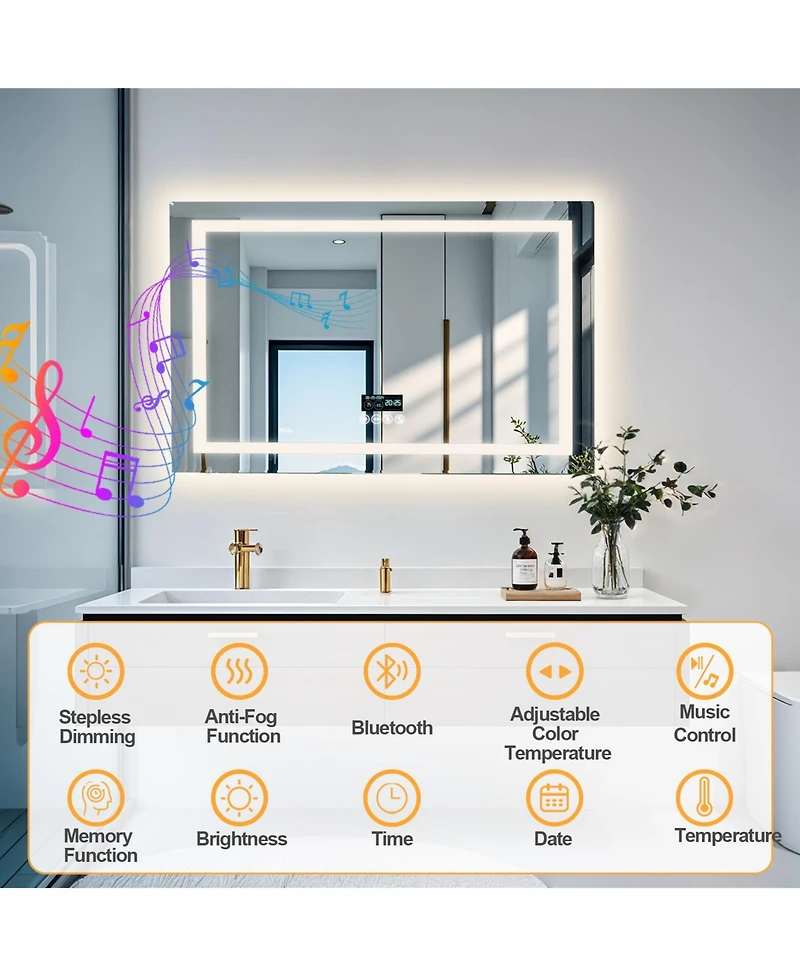 Luvodi Led Bathroom Mirror Wall-Mounted with Bluetooth Speaker, Vanity Mirror Anti Fog with Memory Function