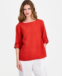 Charter Club Petite 100% Linen Cuffed Top, Created for Macy's