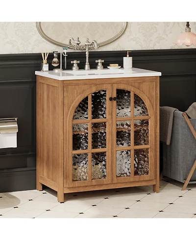 Busdays Bathroom Vanity with Ceramic Sink, Vintage Rustic Cabinet with Bronze Pulls and 2 Soft-Closing Doors, Antique Natural Finish