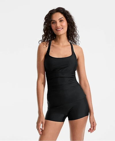 Lands' End Women's Essential Tie Back Ruched Tankini and Shorts Two Piece Set