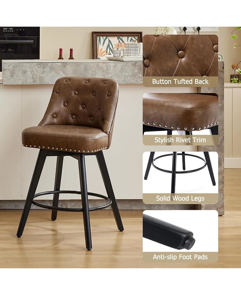 gaomon Counter Height Swivel Bar Stools Set of 2, Leather Upholstered with Wood Legs