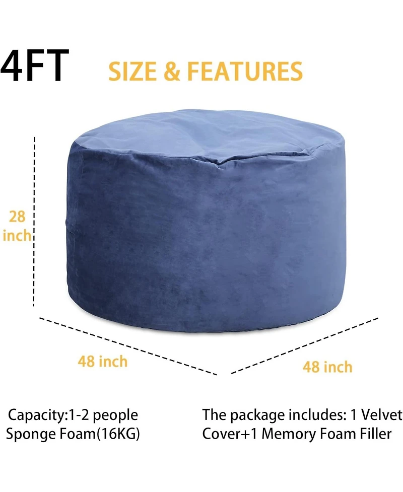 gaomon 48 Inch Giant Bean Bag Chair, Memory Foam, Plush Velvet, Machine Washable Cover, for Adults/Kids