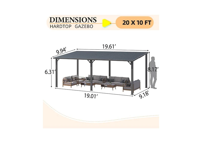 Aecojoy 20' x 10' Hardtop Gazebo Outdoor Pergola Lean to Metal Pergolas