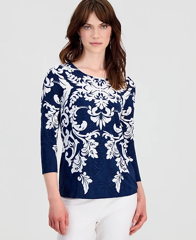 Jm Collection Women's Printed 3/4 Sleeve Scoop-Neck Jacquard Top, Macy's Exclusive