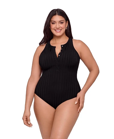 S3 Apparel Women's Sculpting Wide Rib Snap High Neck One-Piece Swimsuit - Powder Blue