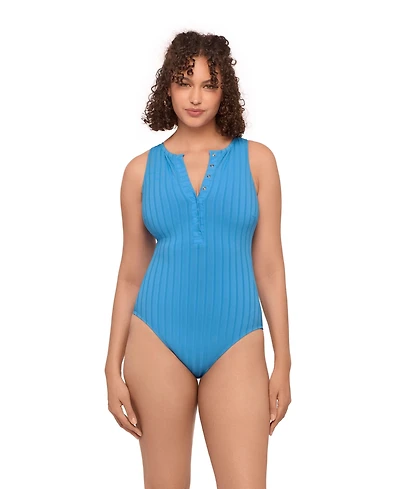 S3 Apparel Women's Sculpting Wide Rib Snap High Neck One-Piece Swimsuit - Powder Blue