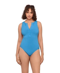 S3 Apparel Women's Sculpting Wide Rib Snap High Neck One-Piece Swimsuit - Powder Blue