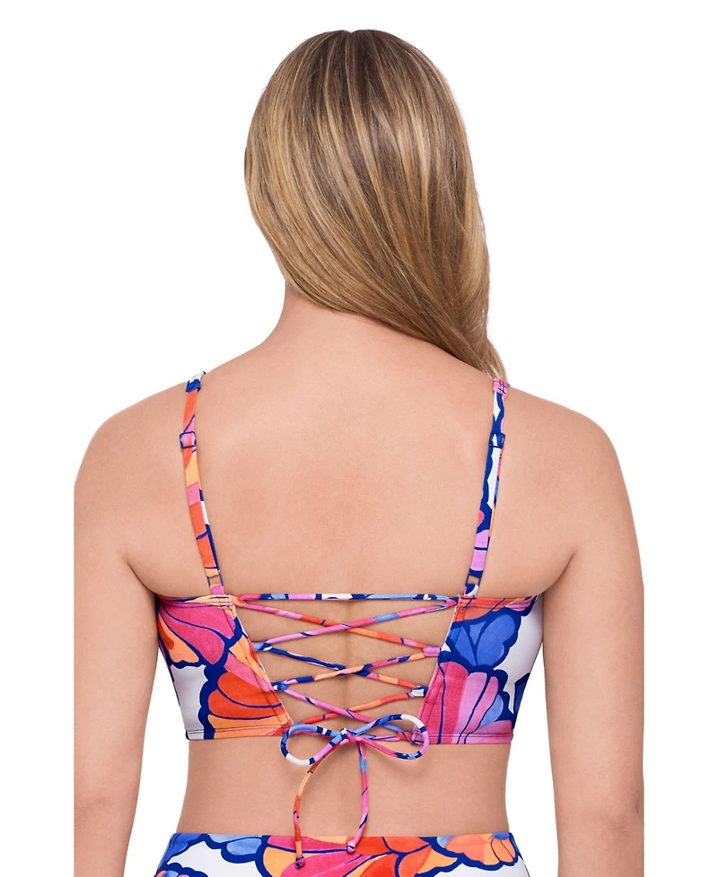 S3 Apparel Women's Supportive Square Neck Lace Back Midkini Swimsuit Top - Pink Riviera Floral