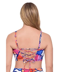 S3 Apparel Women's Supportive Square Neck Lace Back Midkini Swimsuit Top - Pink Riviera Floral