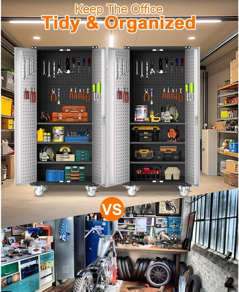 gaomon 72-Inch Steel Metal Storage Cabinet with Wheels, Lockable Rolling Garage Organizer with Pegboard and 4 Adjustable Shelves