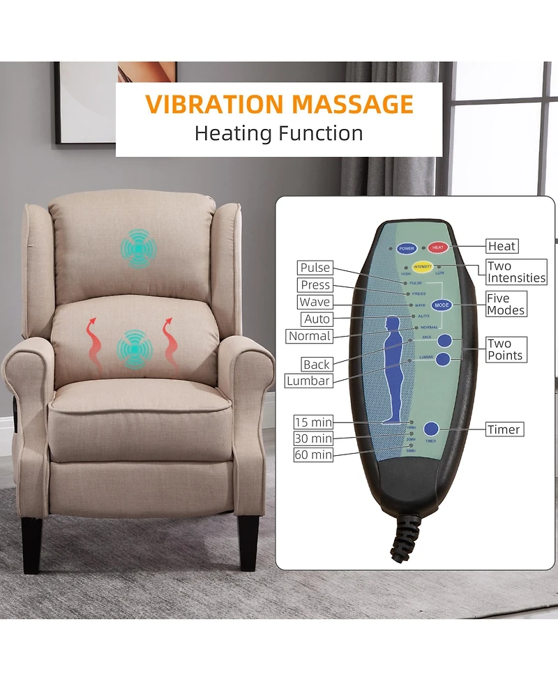 Boyel Living Vibration Massage Recliner Chair with Heat Linen Fabric Push Back Room Sofa