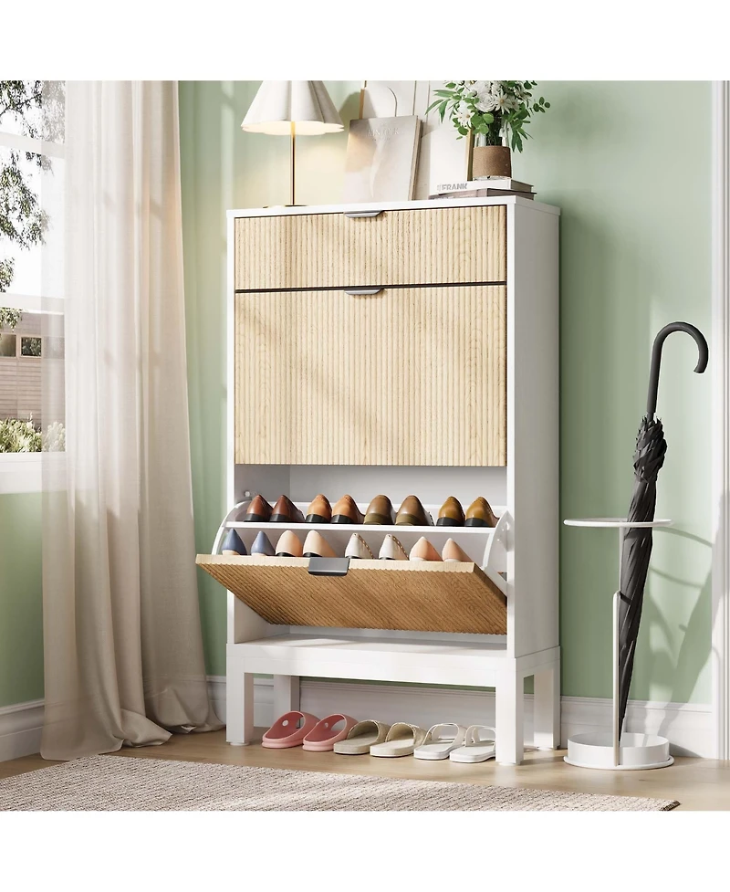 gaomon Shoe Storage Cabinet with 2 Flip Drawers & Large Drawer, Farmhouse Fluted Shoe Organizer with Metal Legs