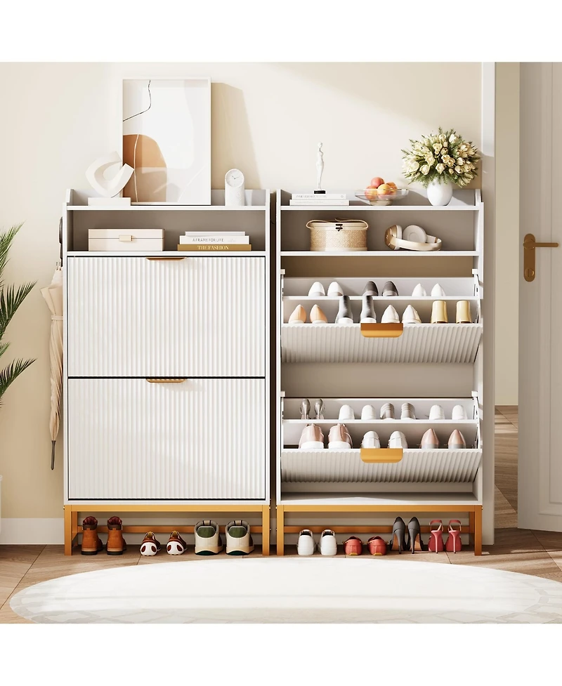 gaomon Fluted Shoe Cabinet Storage for Entryway, Wood Shoe Rack with 2 Flip Drawers and Open Shelf, Modern Entryway Organizer
