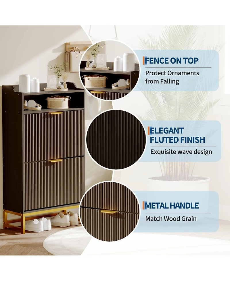 gaomon Fluted Shoe Cabinet Storage for Entryway, Wood Rack with 2 Flip Drawers and Open Shelf, Modern Entryway Organizer