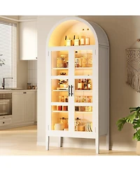 gaomon Tall Arched Kitchen Pantry Cabinet with Led Lights, Modern Wood Arched Bookshelf with Glass Doors & Adjustable Shelves, Elegant Display Cabinet
