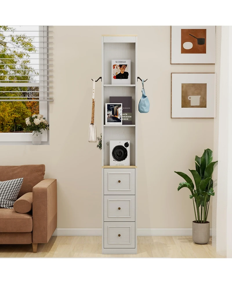 Rainsken 73" Tall Slim Storage Cabinet, 3-Tier Display Shelves with 3 Drawers and 2 Hooks, Mdf Bookshelf for Living Room, Home Office