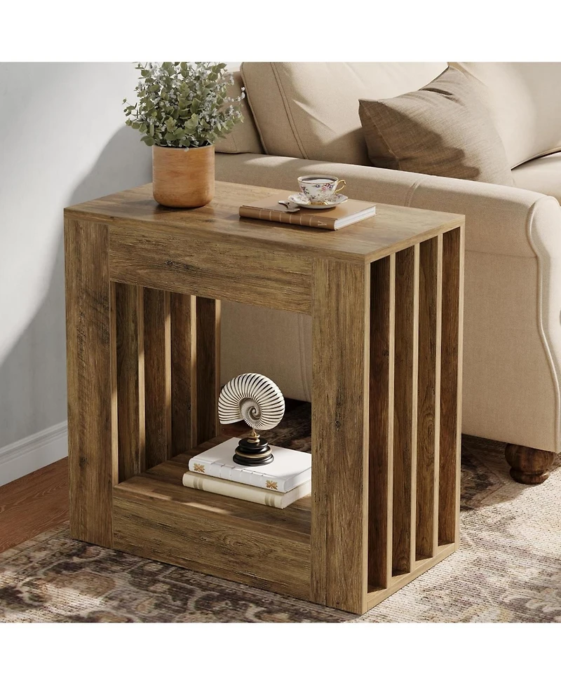 Tribesigns End Table, Farmhouse Narrow Side Table with Storage Shelf, Rustic Square Nightstand Bedside