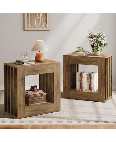 Tribesigns End Table Set of 2, Farmhouse Narrow Side Table with Storage Shelf, Rustic Square Nightstand Bedside