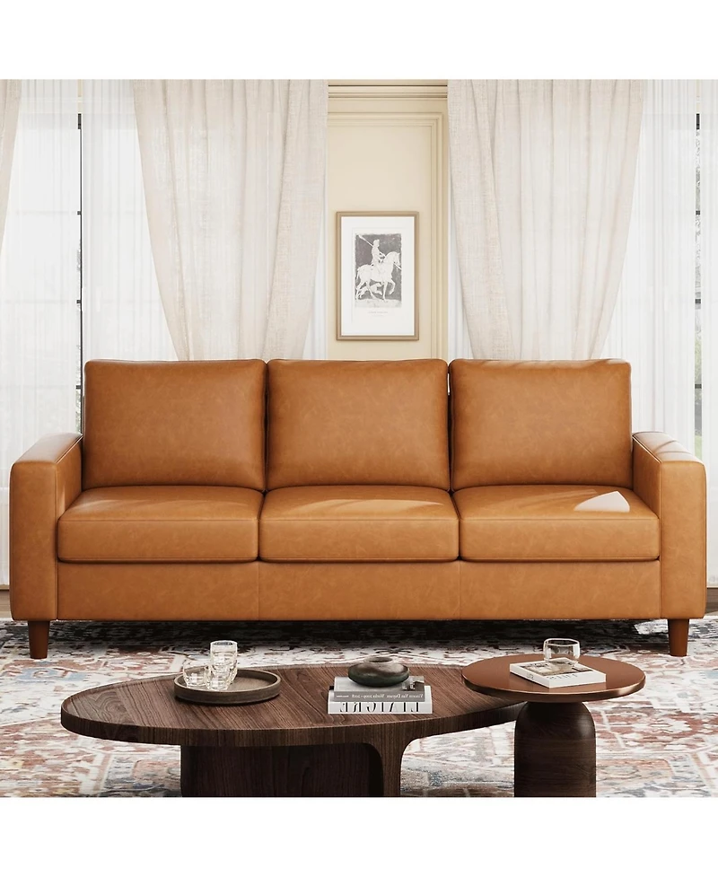 gaomon 83" Leather Sofa, Mid-Century Modern 3-Seater Couch with Cushions and Armrests