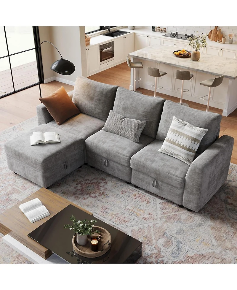 gaomon 108" Sectional Sofa, L-Shaped Cloud Couch with Storage and Ottoman, 4-Seat Chenille Sofa