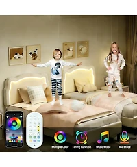 gaomon Twin Upholstered Smart Led Bed Frame with Velvet Princess Headboard and Wooden Slat Support, No Box Spring Needed