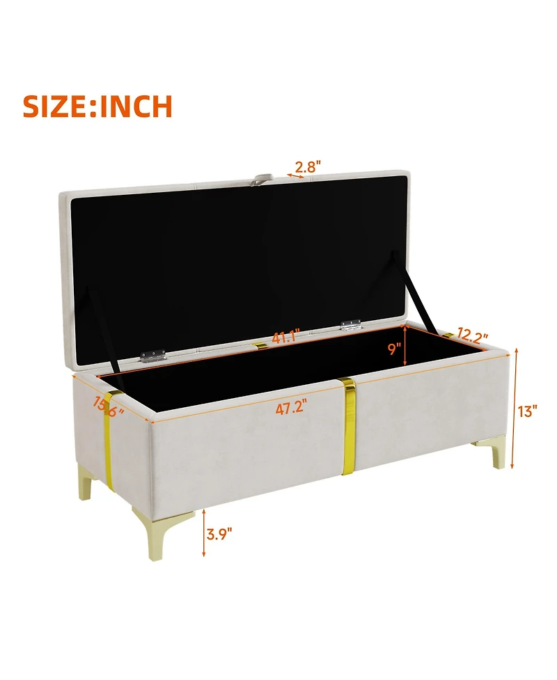 Rainsken Upholstered Storage Ottoman, Modern Storage Bench with Metal Legs and Golden Striping for Living Room, Bedroom