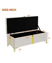 Rainsken Upholstered Storage Ottoman, Modern Storage Bench with Metal Legs and Golden Striping for Living Room, Bedroom