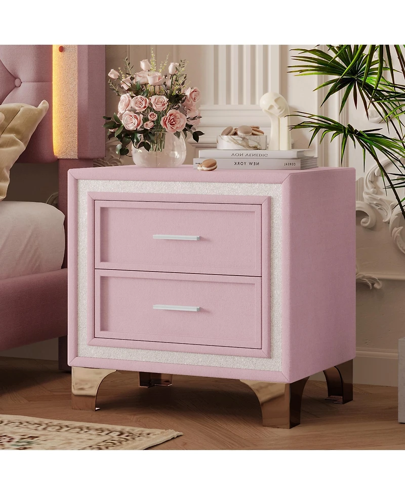 Rainsken 2 Drawers Nightstand with Silver Glitter Strip Decor and Metal Legs, Velvet Bedside Table End Table for Bedroom, Living Room