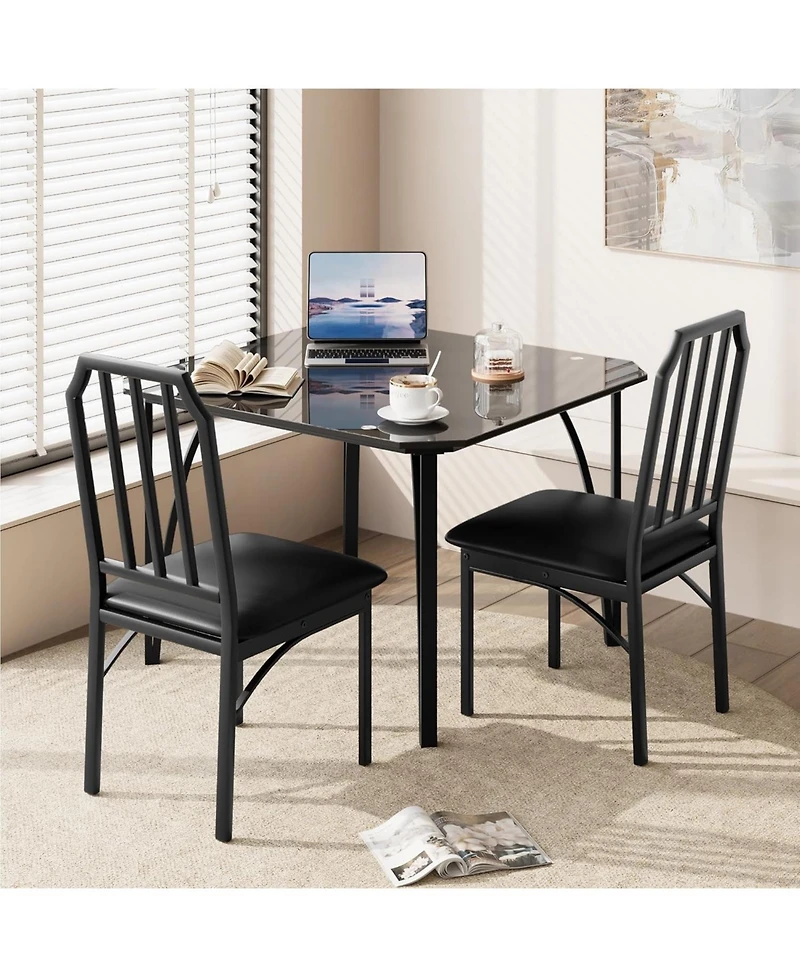 gaomon Glass Dining Table Set for 2, Kitchen Table and Chairs for 2 with with Chamfer Design, 3 Piece Dining Room Table Set with Cushion Seats