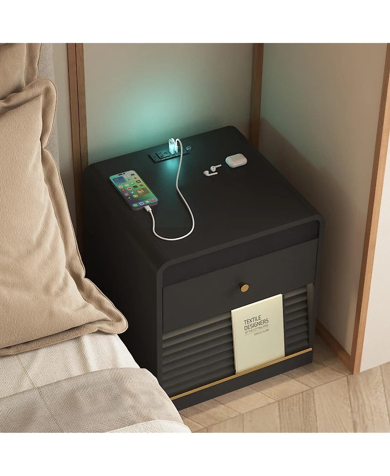 Rainsken Nightstand with Charging Station, Smart Nightstand with Led Light, Bedside Tables with Storage Cabinet for Bedroom