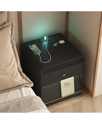 Rainsken Nightstand with Charging Station, Smart Nightstand with Led Light, Bedside Tables with Storage Cabinet for Bedroom