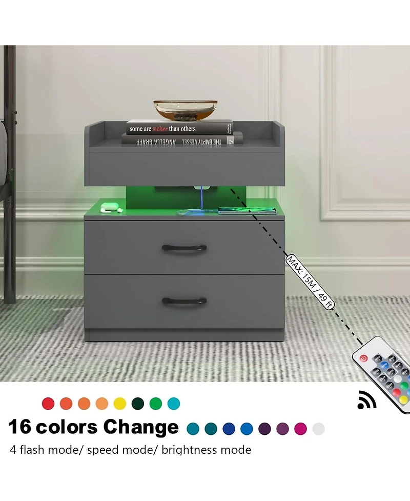 Rainsken Wood Nightstand with Adjustable Led Light Strip, Modern Bedside Table with 2 Drawers and Open Storage Compartment, Side End Table for Bedroom