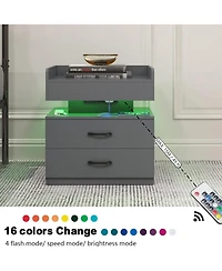 Rainsken Wood Nightstand with Adjustable Led Light Strip, Modern Bedside Table with 2 Drawers and Open Storage Compartment, Side End Table for Bedroom