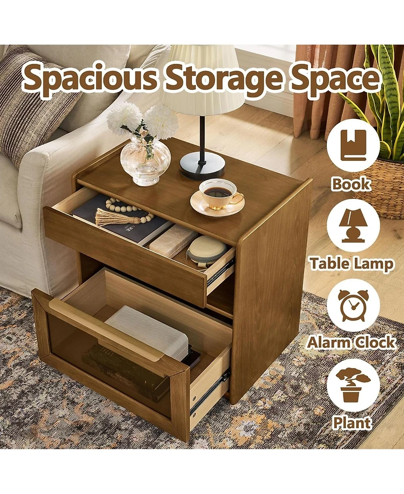 Rainsken Nightstand with Charging Station and Outlet Hole, Mid Century Modern Bedside Table with Open Shelf, End Table for Living Room