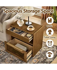 Rainsken Nightstand with Charging Station and Outlet Hole, Mid Century Modern Bedside Table with Open Shelf, End Table for Living Room