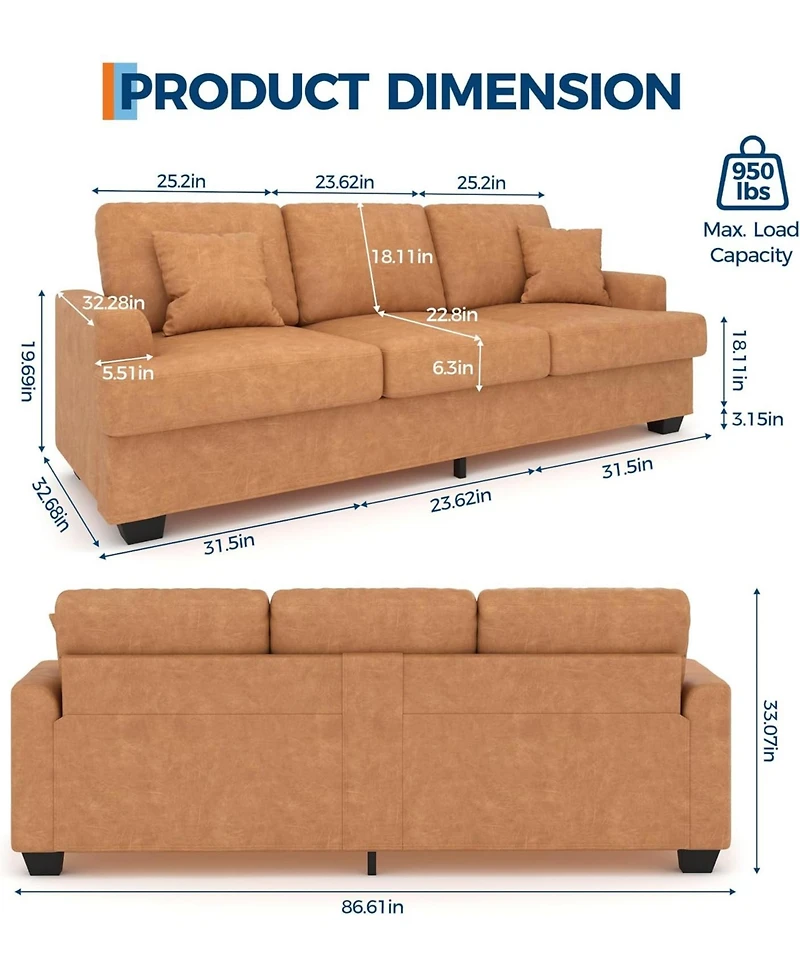 gaomon 86" Faux Leather Sofa, Modern Deep Seat Couch with Pillows and Removable Cover