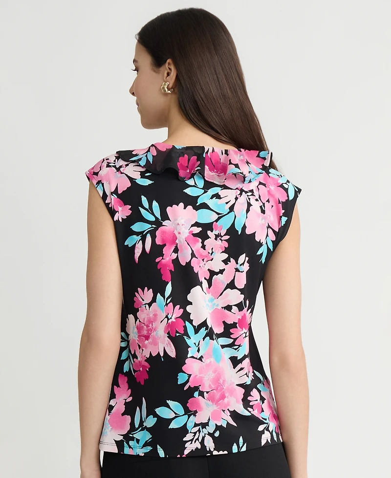 Kasper Women's Printed Ruffle-Trim V-Neck Top