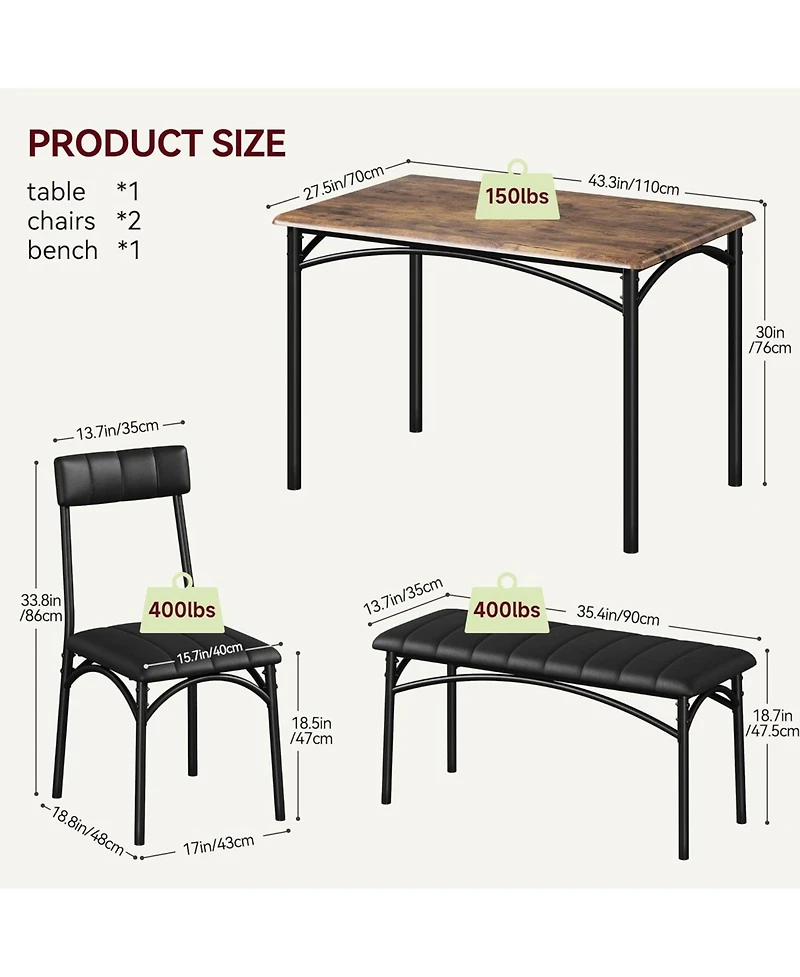 gaomon Dining Table Set for 4, Kitchen Table with Upholstered Bench and 2 Chairs, Kitchen Table and Chairs Set, for Small Space, Apartment