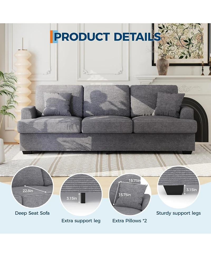 gaomon Modern Corduroy Sofa with 2 Throw Pillows, Deep Seat Couch Upholstered Cushion and Removable Cover,Comfy
