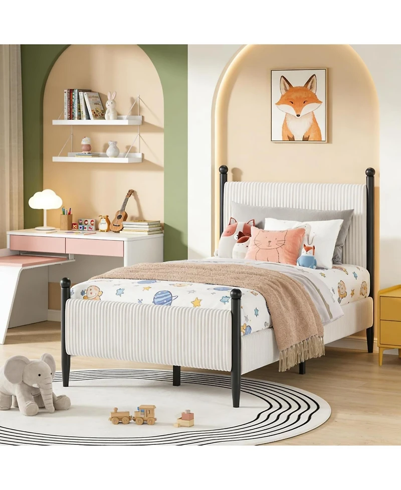 gaomon Corduroy Fabric Bed Frame, Plywood and Iron Construction, Cone-Shaped Iron Foot, Soft Bag Design