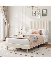 gaomon Iron + Mdf Tall Vertical Stripe Bed Frame, Upholstered Bed with Modern Design, No Box Spring Needed, Sturdy Construction for Bedroom