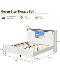 gaomon Farmhouse Bed Frame with Storage, Charging Station, Led Light, Sliding Barn Door, Noise-Free, No Box Spring Needed, Easy Assembly