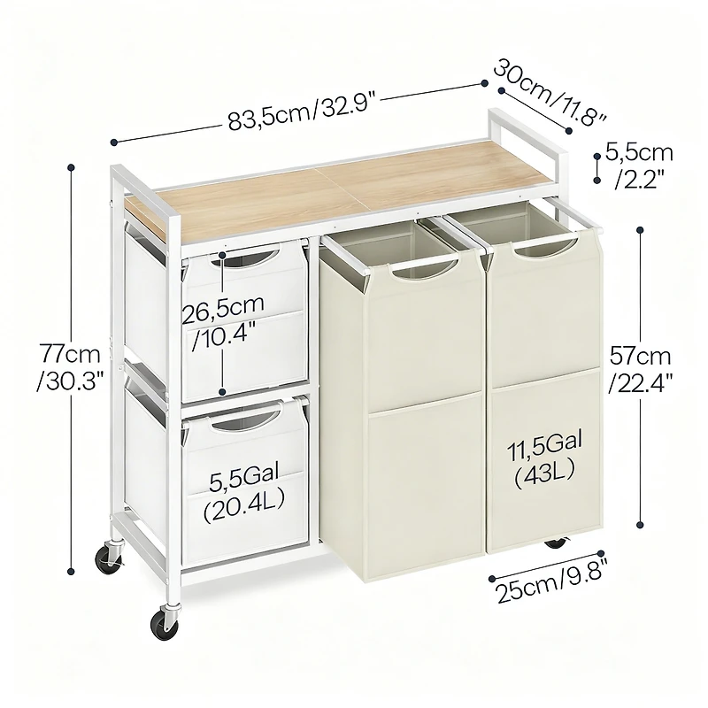 Yigii Laundry Sorter shelve with Hamper Wheels Rolling Basket Pull-out Detachable Bags
