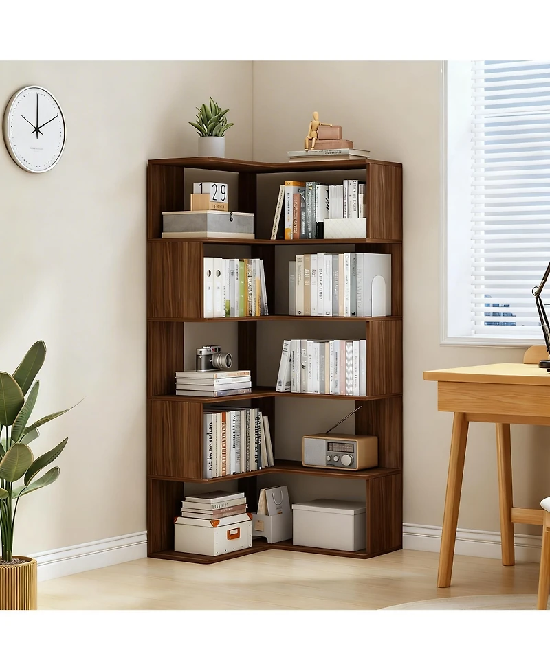 Yigii 6-Tier L-Shaped Corner Bookshelf 66" Tall Wooden Freestanding Open Shelf