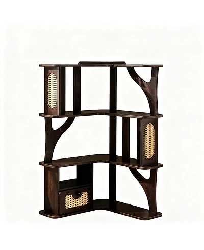 Yigii Rubber Wood Corner Shelf 4-Tier Bookshelf with Drawer Rattan Display Stand