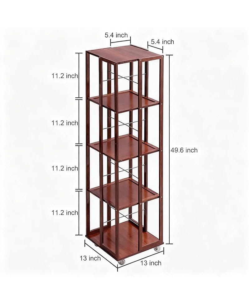 Yigii 5 Tier Bamboo Rotating Bookshelf with Wheels Storage Organizer 360degree(s) Rolling